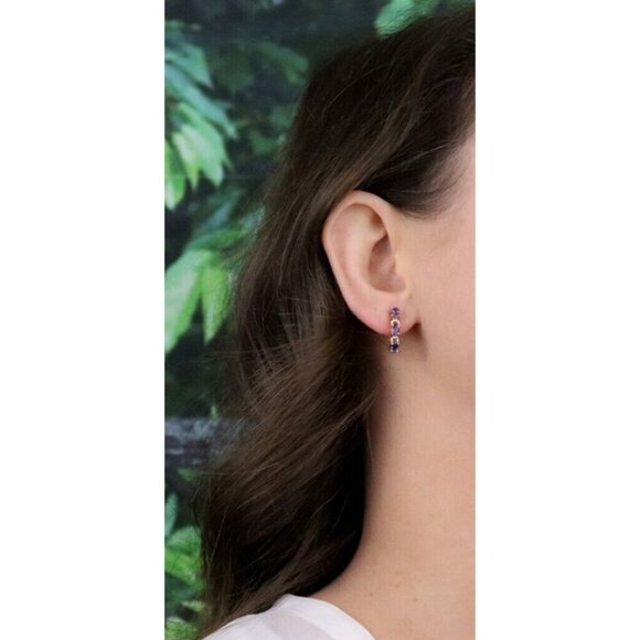 10k Yellow Gold Natural Amethyst Earrings Half Hoop - Picture 4 of 8